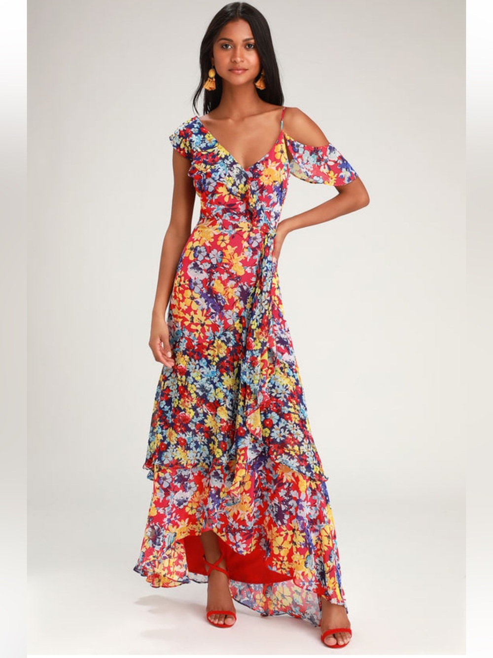 NWT Lulus Radiant Ruby Red Floral Print Chiffon Maxi Dress XL